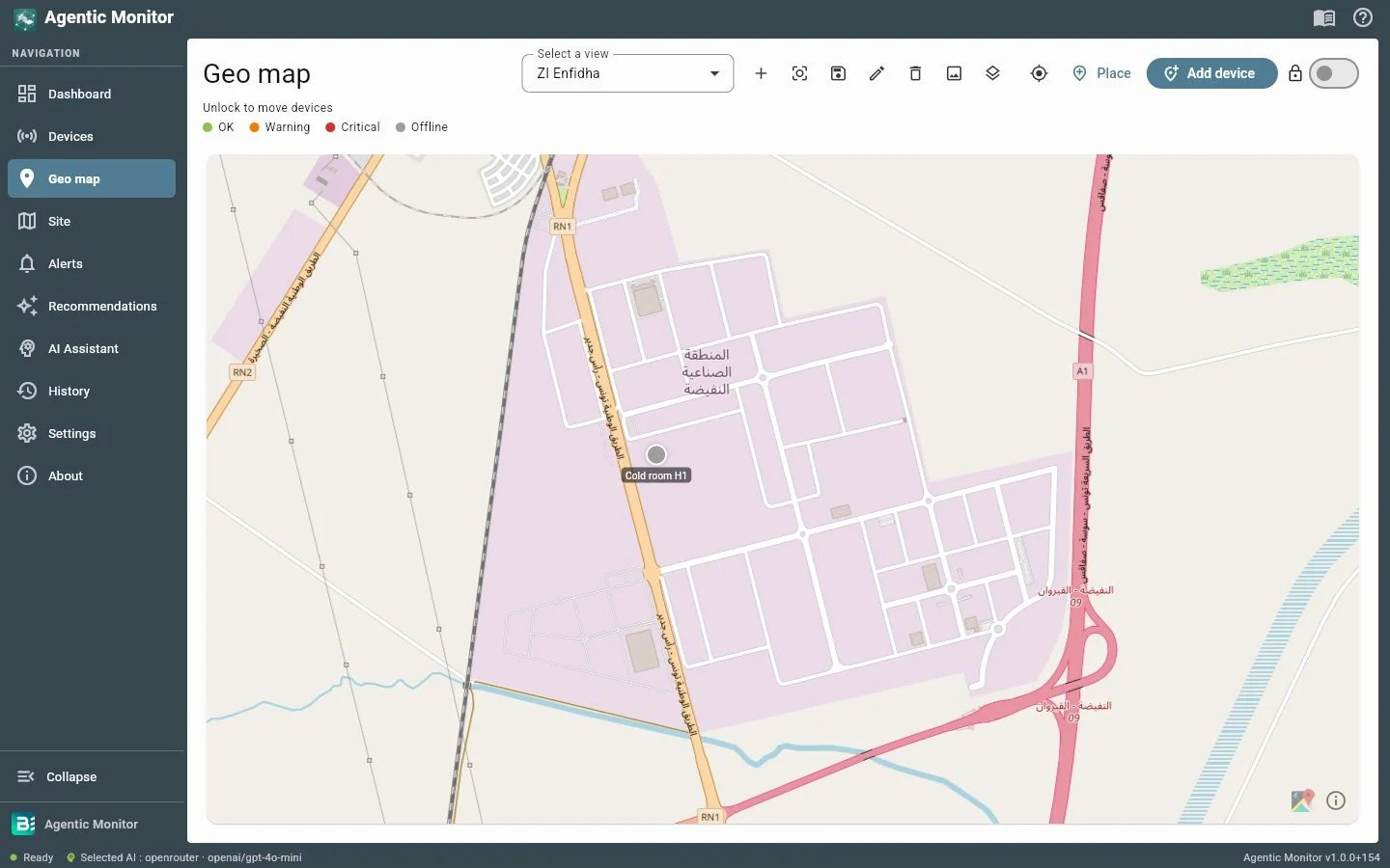 Agentic Monitor — sensor geo map: status markers Room 1 and Chiller C1 on the ZI El Fahs site