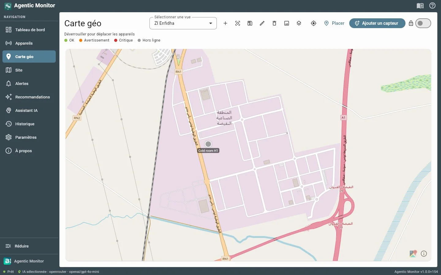 Agentic Monitor — carte géo des capteurs : repère Cold room H1 sur le site ZI Enfida