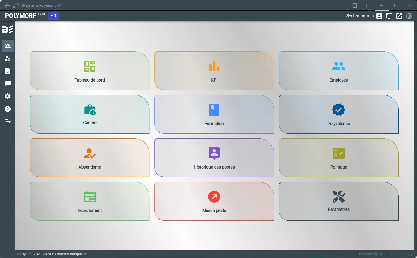 Polymorf ERP — menu du module RH : employés, formation, pointage, absentéisme et recrutement